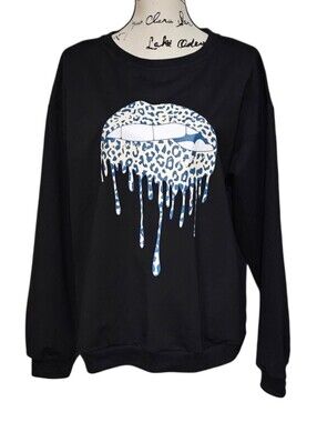 Vimpunec Black Crewneck Sweatshirt with Blue Leopard Drip Lips Graphic